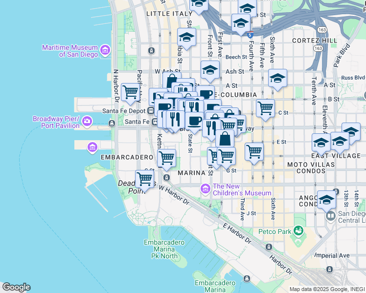 map of restaurants, bars, coffee shops, grocery stores, and more near 850 State Street in San Diego