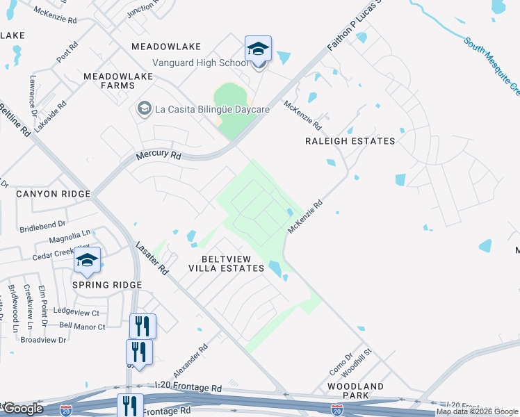 map of restaurants, bars, coffee shops, grocery stores, and more near 2501 McKenzie Road in Mesquite