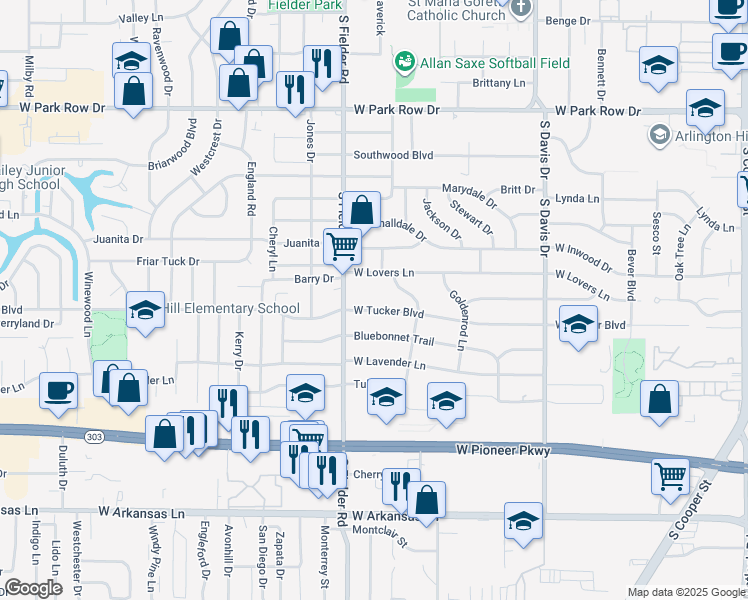 map of restaurants, bars, coffee shops, grocery stores, and more near 1510 West Lovers Lane in Arlington