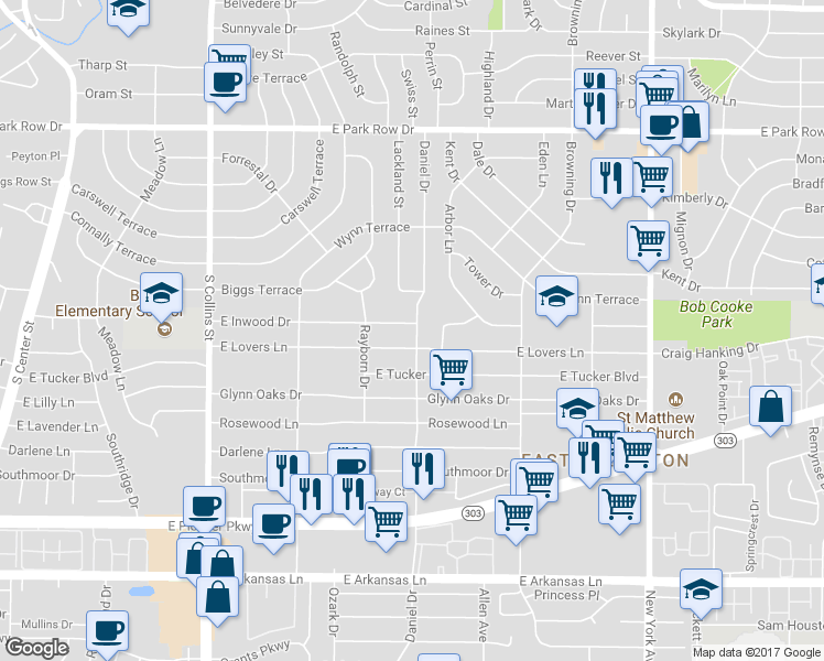 map of restaurants, bars, coffee shops, grocery stores, and more near 1809 Daniel Drive in Arlington