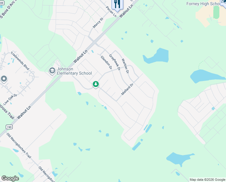 map of restaurants, bars, coffee shops, grocery stores, and more near 1008 Macaw Court in Forney
