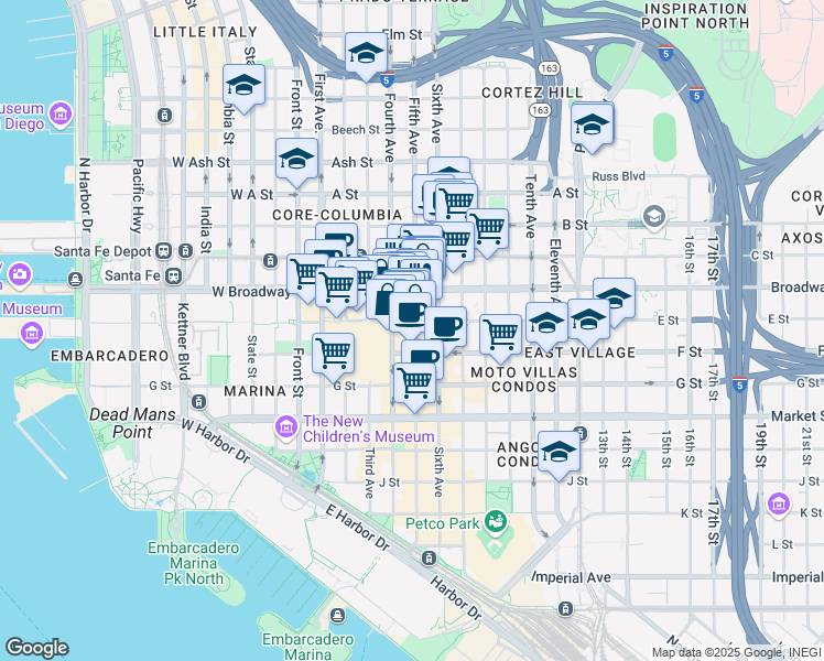 map of restaurants, bars, coffee shops, grocery stores, and more near in San Diego