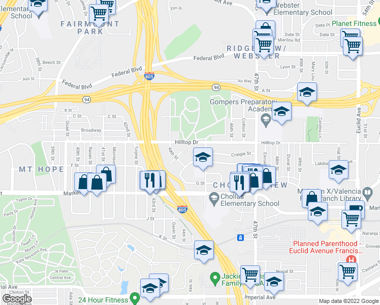 map of restaurants, bars, coffee shops, grocery stores, and more near 4471 Hilltop Drive in San Diego