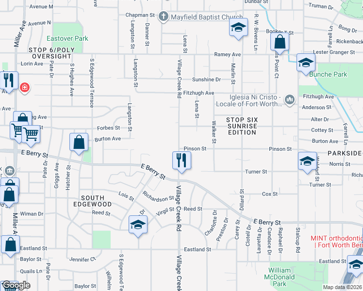 map of restaurants, bars, coffee shops, grocery stores, and more near 2913 Village Creek Road in Fort Worth