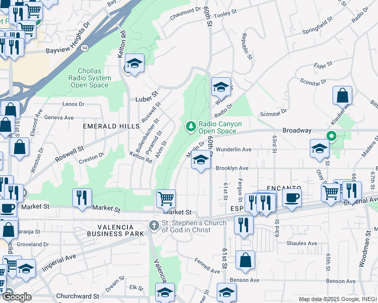 map of restaurants, bars, coffee shops, grocery stores, and more near 866 Merlin Drive in San Diego