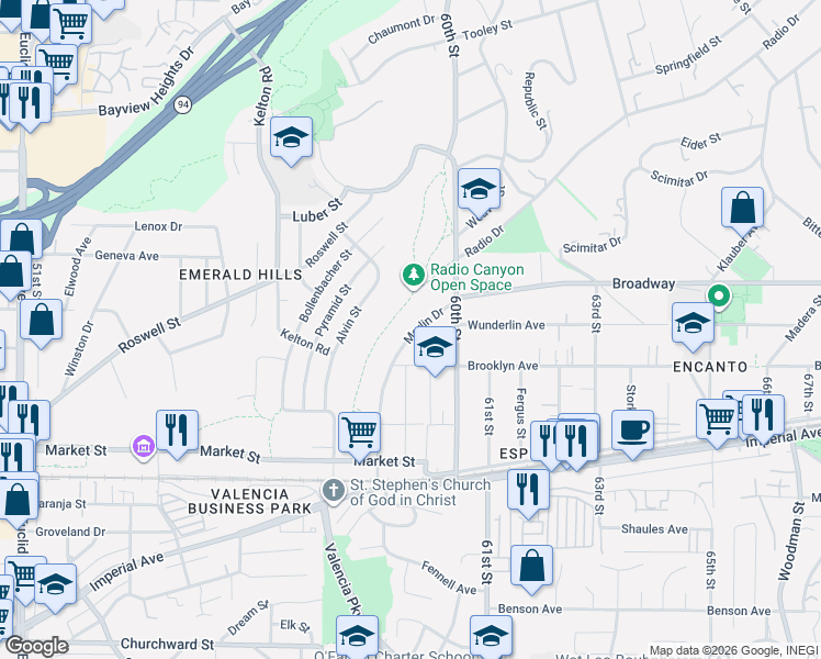 map of restaurants, bars, coffee shops, grocery stores, and more near 881 Radio Drive in San Diego