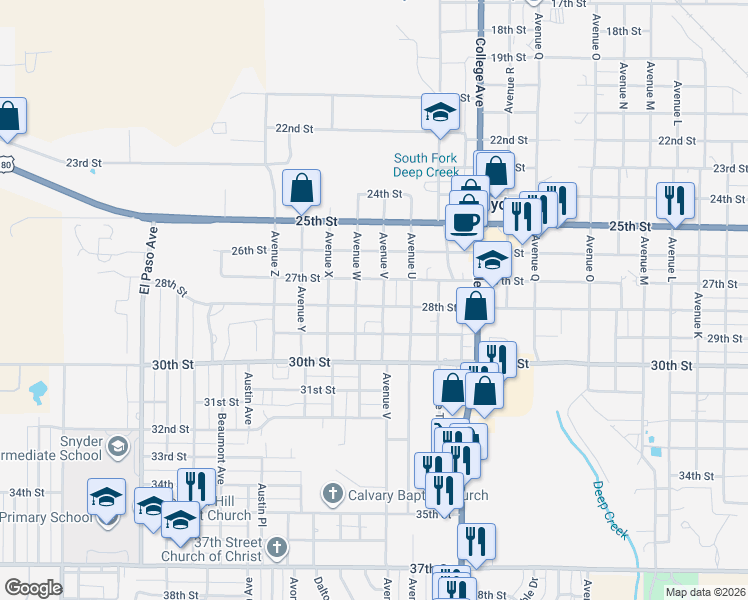 map of restaurants, bars, coffee shops, grocery stores, and more near 2200-2298 27th St in Snyder