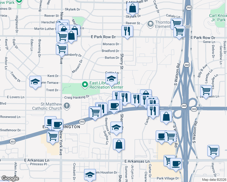 map of restaurants, bars, coffee shops, grocery stores, and more near 1900 Sherry Street in Arlington