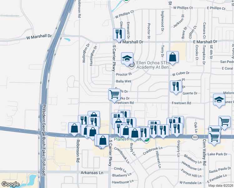 map of restaurants, bars, coffee shops, grocery stores, and more near 614 Dorris Drive in Grand Prairie
