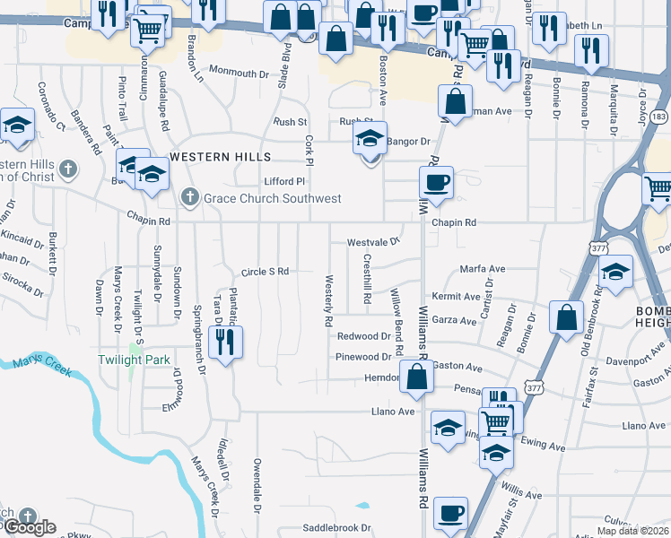 map of restaurants, bars, coffee shops, grocery stores, and more near 3820 Sagebrush Road in Benbrook