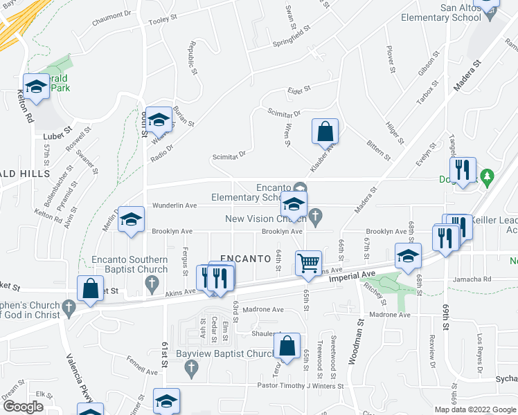 map of restaurants, bars, coffee shops, grocery stores, and more near 6344 Wunderlin Avenue in San Diego