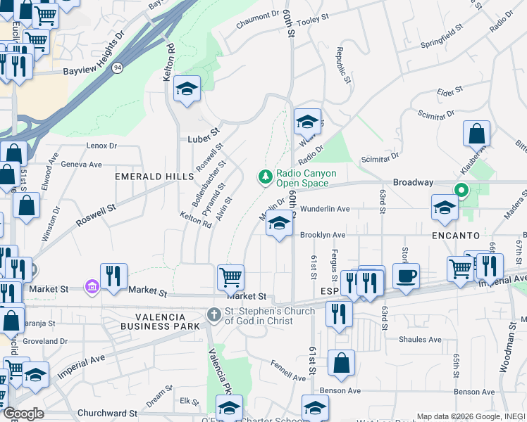 map of restaurants, bars, coffee shops, grocery stores, and more near 881 Radio Drive in San Diego