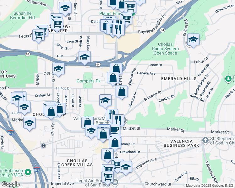 map of restaurants, bars, coffee shops, grocery stores, and more near 864 Euclid Avenue in San Diego