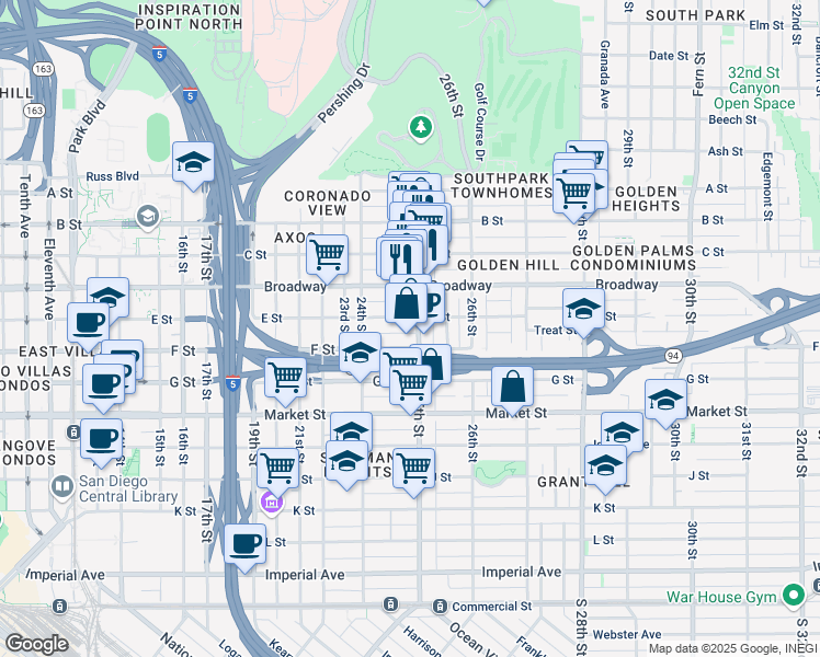 map of restaurants, bars, coffee shops, grocery stores, and more near 2470 E Street in San Diego