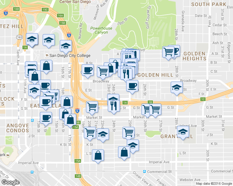 map of restaurants, bars, coffee shops, grocery stores, and more near 906 24th Street in San Diego