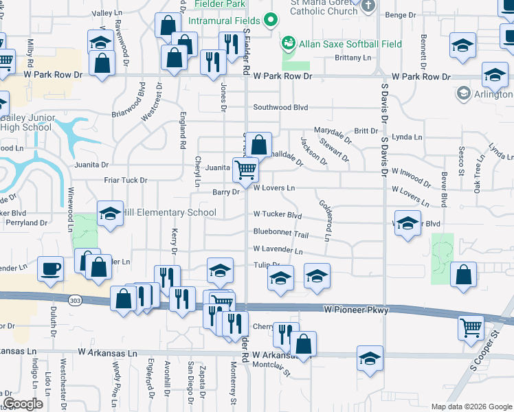 map of restaurants, bars, coffee shops, grocery stores, and more near 1510 West Lovers Lane in Arlington