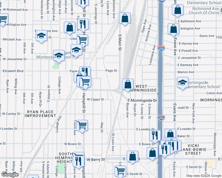map of restaurants, bars, coffee shops, grocery stores, and more near 108 Morning Dew Drive in Willow Park