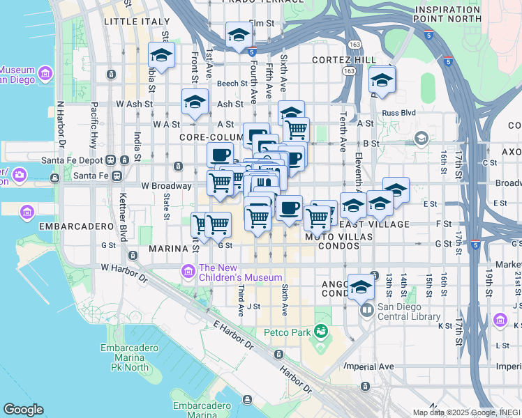 map of restaurants, bars, coffee shops, grocery stores, and more near in San Diego