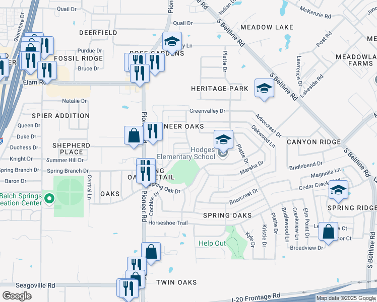 map of restaurants, bars, coffee shops, grocery stores, and more near 13137 Rustic Trail in Balch Springs