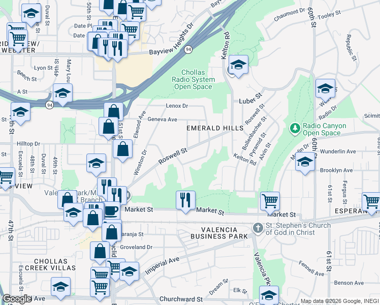 map of restaurants, bars, coffee shops, grocery stores, and more near 5451 Roswell Street in San Diego