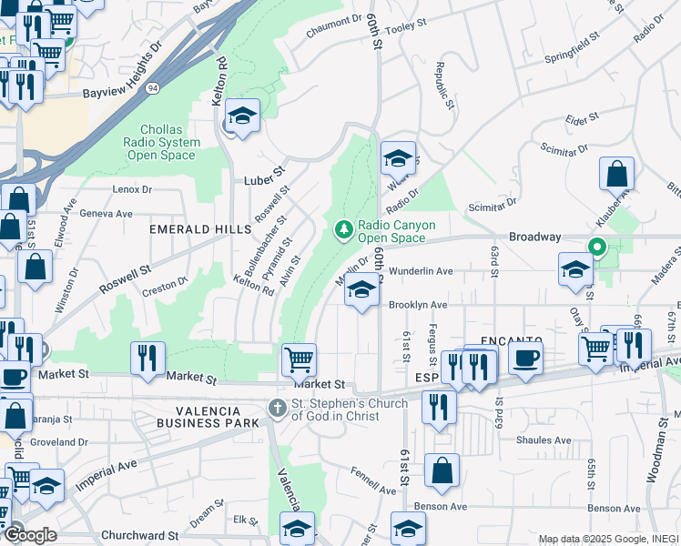 map of restaurants, bars, coffee shops, grocery stores, and more near 866 Merlin Drive in San Diego