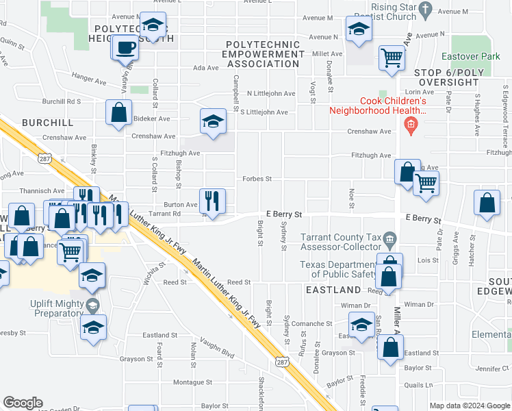 map of restaurants, bars, coffee shops, grocery stores, and more near 3128 Bright Street in Fort Worth