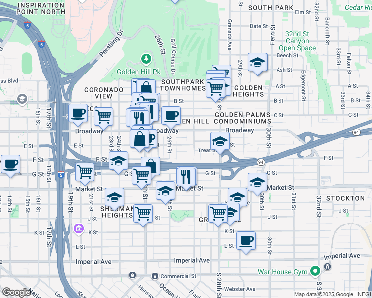 map of restaurants, bars, coffee shops, grocery stores, and more near 2663-67 E Street in San Diego