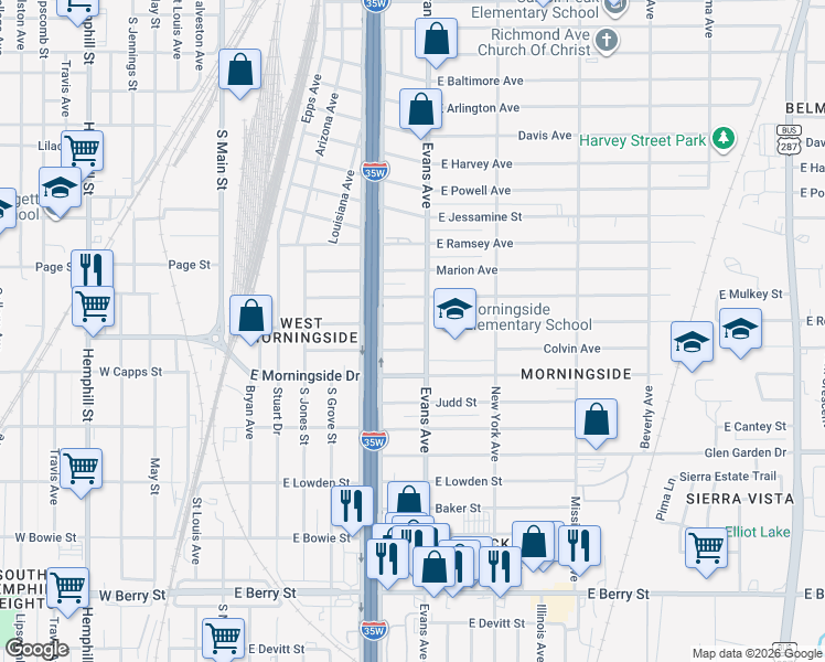 map of restaurants, bars, coffee shops, grocery stores, and more near 821 East Robert Street in Fort Worth
