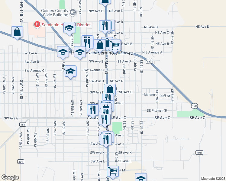 map of restaurants, bars, coffee shops, grocery stores, and more near 411 Southeast 2nd Street in Seminole