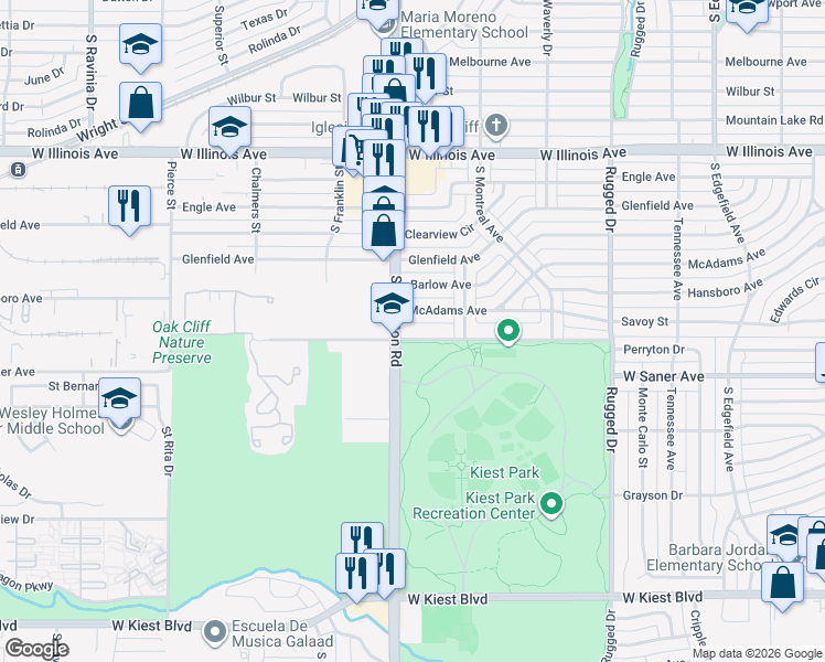 map of restaurants, bars, coffee shops, grocery stores, and more near 2322 McAdams Avenue in Dallas