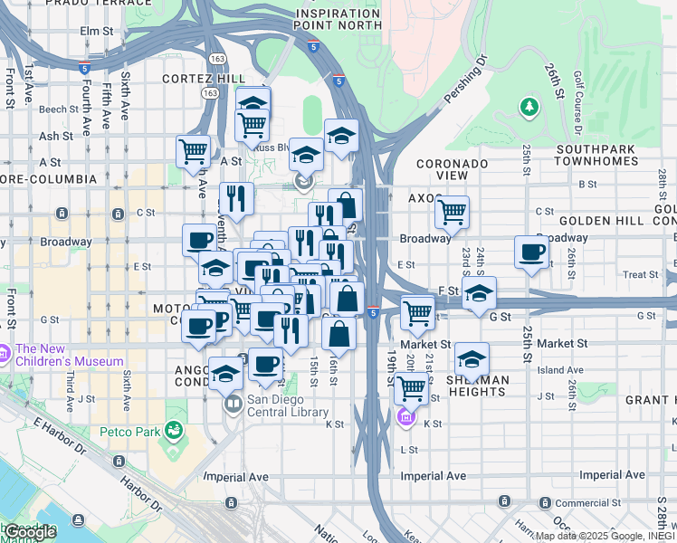 map of restaurants, bars, coffee shops, grocery stores, and more near 841 16th Street in San Diego