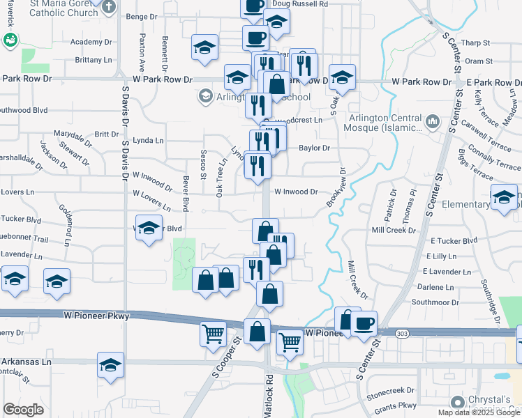 map of restaurants, bars, coffee shops, grocery stores, and more near 612 West Inwood Drive in Arlington