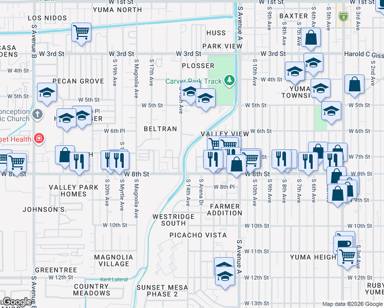 map of restaurants, bars, coffee shops, grocery stores, and more near 670 South 14th Avenue in Yuma