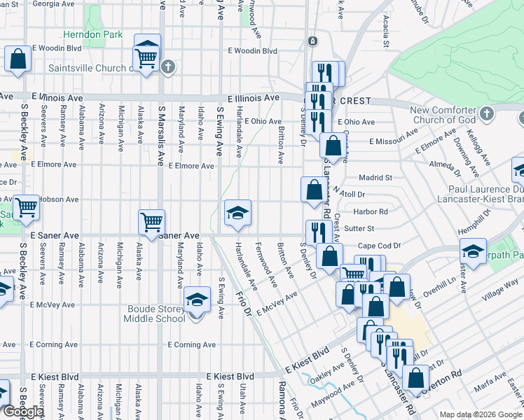 map of restaurants, bars, coffee shops, grocery stores, and more near 2710 Fernwood Avenue in Dallas