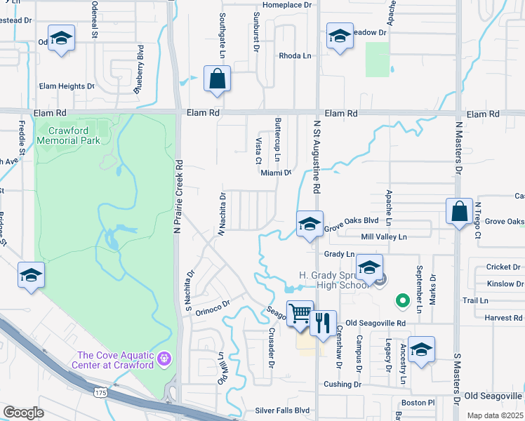 map of restaurants, bars, coffee shops, grocery stores, and more near 269 Buttercup Lane in Dallas