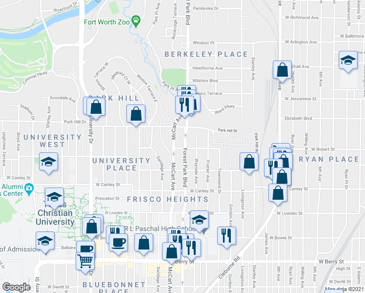 map of restaurants, bars, coffee shops, grocery stores, and more near 2536 Forest Park Boulevard in Fort Worth