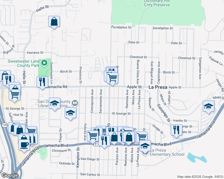 map of restaurants, bars, coffee shops, grocery stores, and more near 9410 Apple Street in Spring Valley