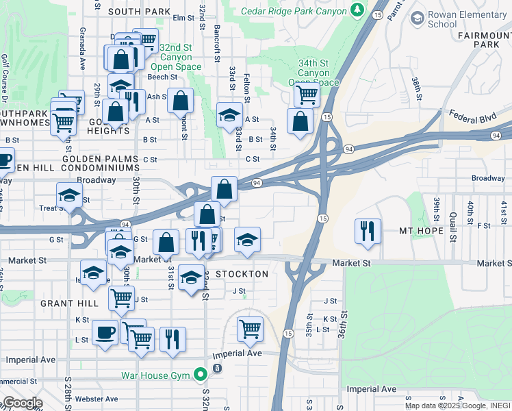 map of restaurants, bars, coffee shops, grocery stores, and more near 864 34th Street in San Diego