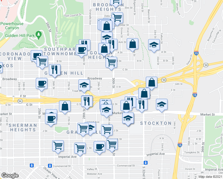 map of restaurants, bars, coffee shops, grocery stores, and more near 2964 E Street in San Diego