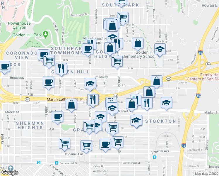 map of restaurants, bars, coffee shops, grocery stores, and more near 2964 E Street in San Diego