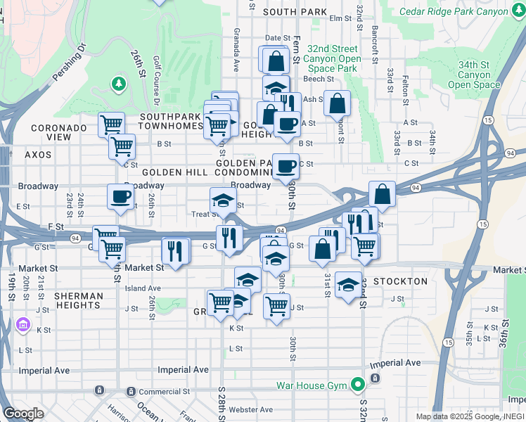 map of restaurants, bars, coffee shops, grocery stores, and more near 2884 E Street in San Diego