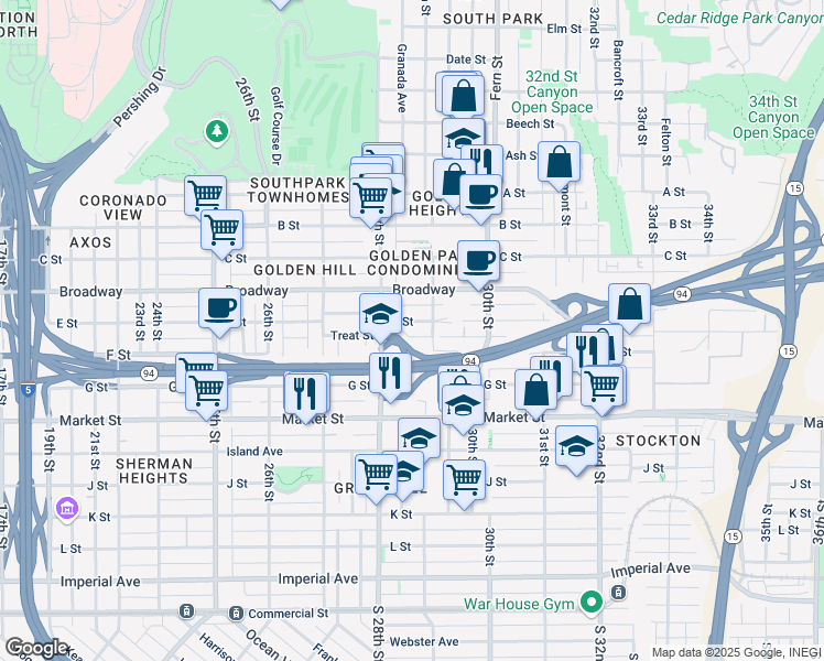 map of restaurants, bars, coffee shops, grocery stores, and more near 2884 E Street in San Diego