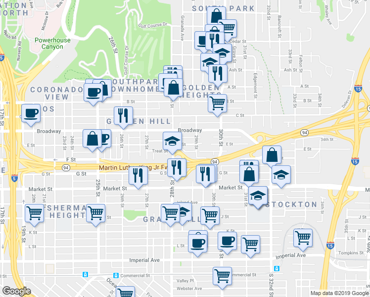 map of restaurants, bars, coffee shops, grocery stores, and more near 2884 E Street in San Diego