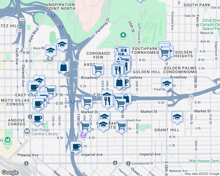 map of restaurants, bars, coffee shops, grocery stores, and more near 906 24th Street in San Diego
