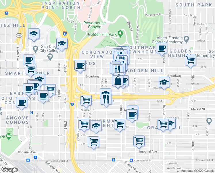 map of restaurants, bars, coffee shops, grocery stores, and more near 906 24th Street in San Diego
