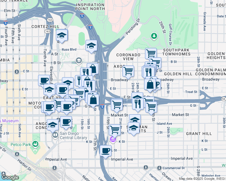 map of restaurants, bars, coffee shops, grocery stores, and more near 917 20th Street in San Diego
