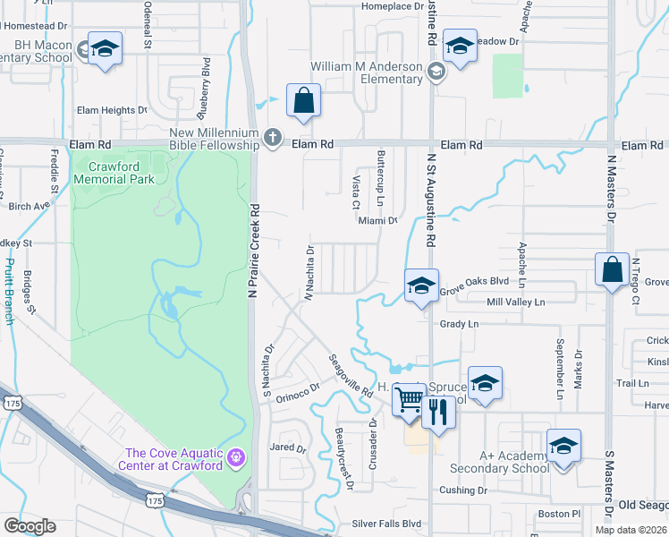 map of restaurants, bars, coffee shops, grocery stores, and more near 250 Prairie Grove Drive in Dallas