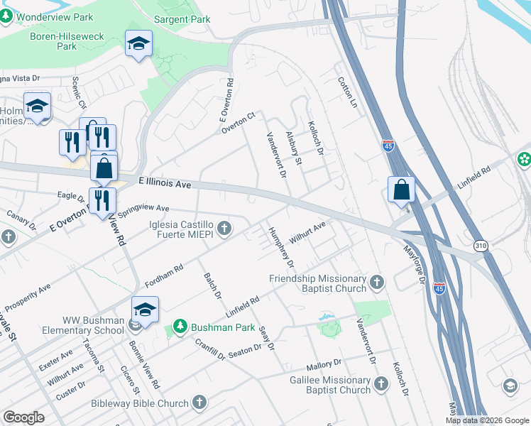 map of restaurants, bars, coffee shops, grocery stores, and more near 3416 East Illinois Avenue in Dallas