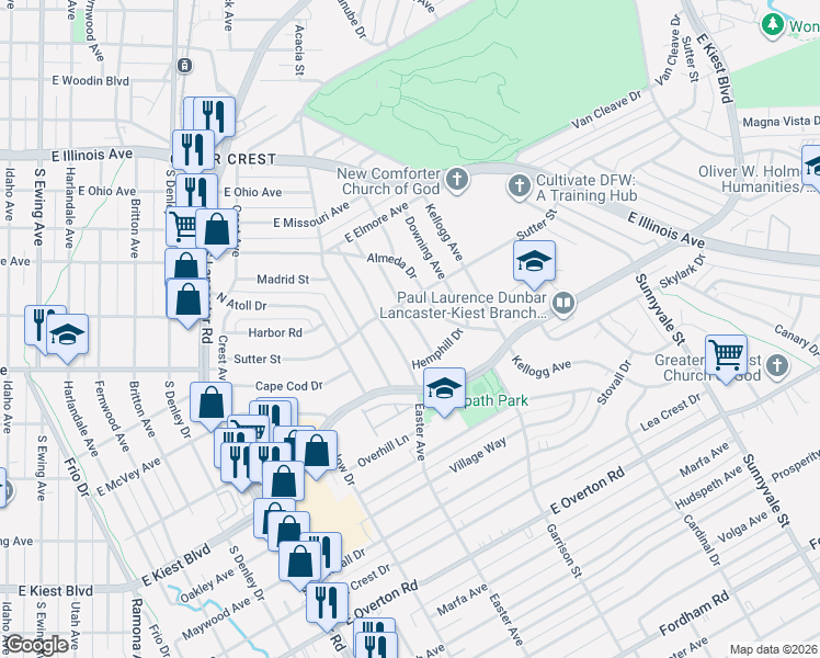 map of restaurants, bars, coffee shops, grocery stores, and more near 2710 Bowling Green Avenue in Dallas