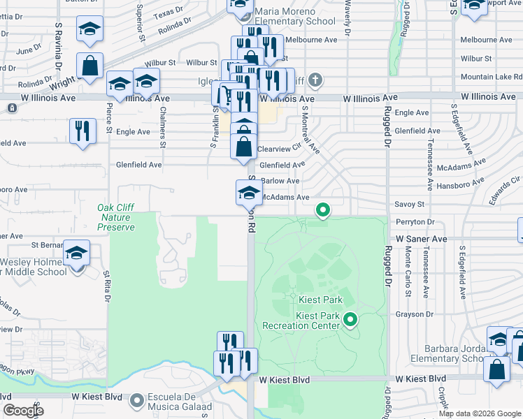 map of restaurants, bars, coffee shops, grocery stores, and more near 2322 McAdams Avenue in Dallas